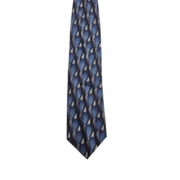 Massini Men’s Tie Blue Gray Geometric Pattern 3.75” Wide 100% Silk Handmade - Picture 1 of 6